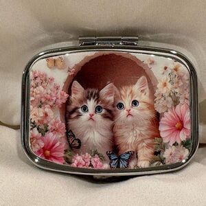 Floral Cats Travel Pill Box 2 Compartment Decorative Medicine Pill Case NEW